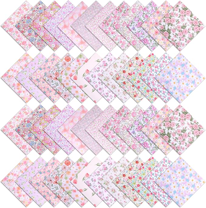48 Pcs 10 x 10 Inches Pink Floral Cotton Fabric Bundles, Precut Pink Retro by Unknown