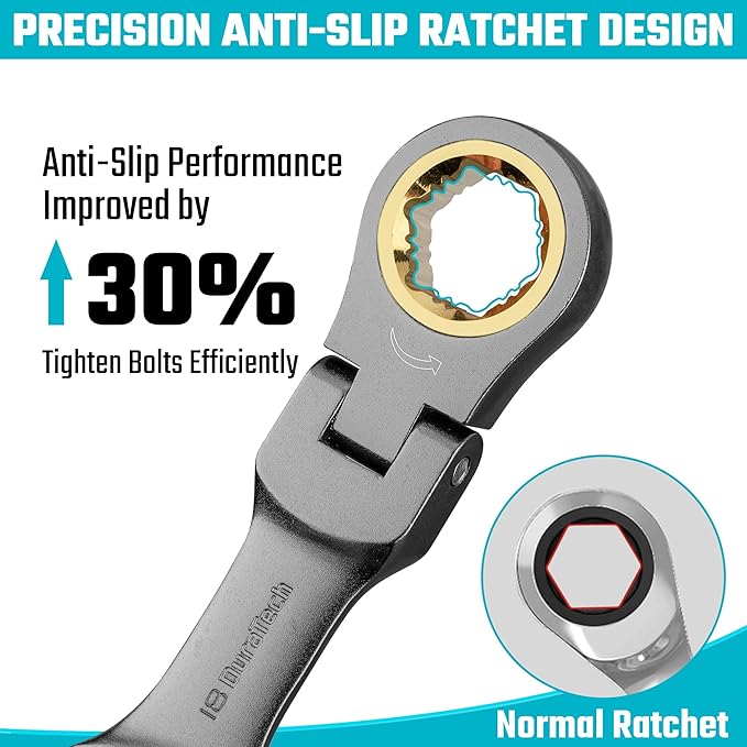 DURATECH 12-Piece Anti-Slip Flex-Head Ratcheting Wrench Set, Stubby Combination Wrench Set, Metric, 8-19mm, 72-Teeth, CR-V Steel, Nickel Plated with Pouch