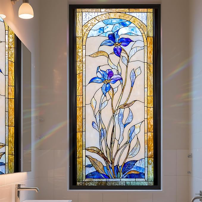 Stained Glass Window Privacy Film: Non-Adhesive Sun and Landscape Mosaic Design by AOHMPT