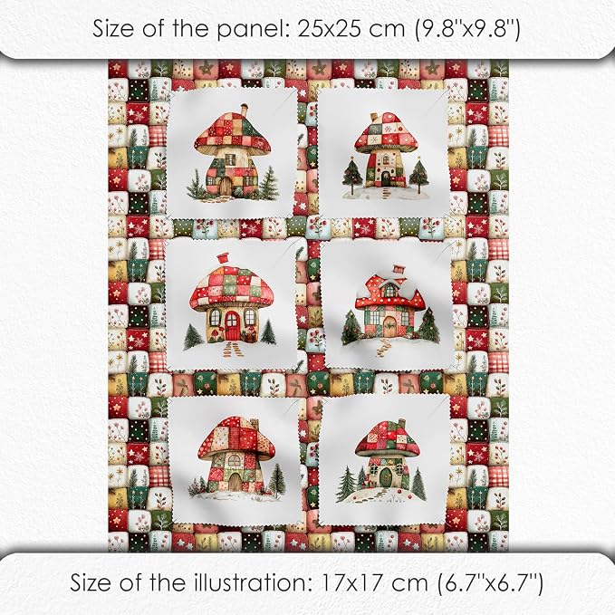 Christmas Patchwork Mushroom House Fabric Panel – Single Continuous Cotton - Image 6