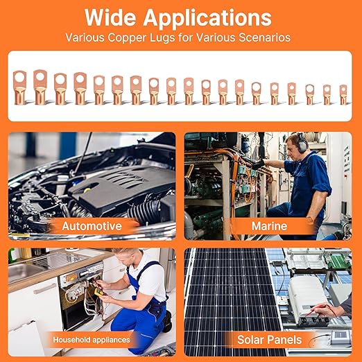 Kuject 220PCS Battery Cable Ends AWG 1 2 4 6 8 1/0 2/0 Gauge, 110PCS Heavy Duty Copper Wire Lugs Kit, Battery Cable Terminal Connectors Assortment with 110PCS 3:1 Heat Shrink Tubing
