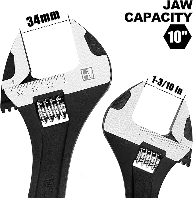 HAUTMEC 10 inch Adjustable Wrench Extra Wide Jaw Black Finish Adjustable Wrenches Drop-Forged CR-V Steel Metric & SAE Scales for Home Garage Workshop DIY