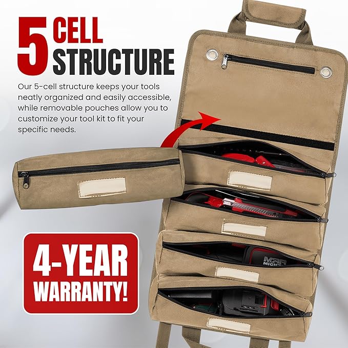 Tool Roll Bag Organizer with Magnetic Plate – Heavy Duty Polyester, Ideal Gifts For Men, Portable Tool Roll Up Bag with 5 Large Pouches & 4 Tool Strap – Khaki (26 Inches)
