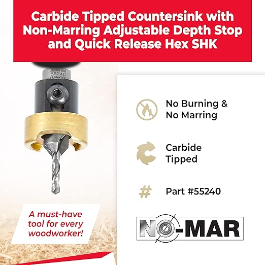 Amana Tool 82 Degree Countersink with Drill Bit Depth Stop and No-Thrust Ball Bearing, 55240, 1/2 D x 11/64 Drill D x 1/4 Inch Quick Release Hex Shank