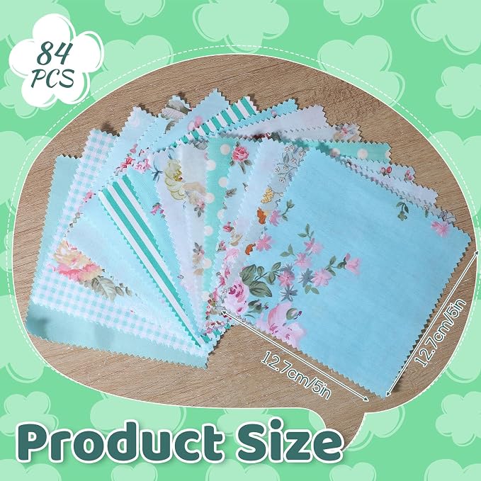 84 Pcs Green Floral Patterns Cotton Fabric Squares, Cotton Quilting Fabric - Image 2
