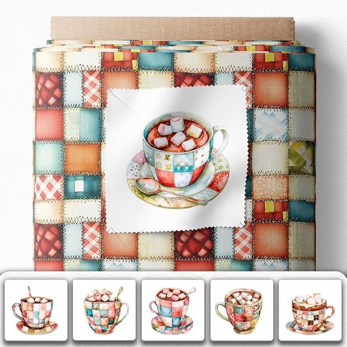Patchwork Hot Cocoa Cotton Fabric Panel – 6 Designs + Bonus Sheet 29.5×19.6 inch - Image 2