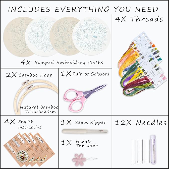 Bonroy 4 Sets Embroidery Set for Beginners Art Crafts Easy Sewing Includes - Image 2
