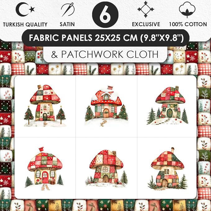 Christmas Patchwork Mushroom House Fabric Panel – Single Continuous Cotton - Image 3