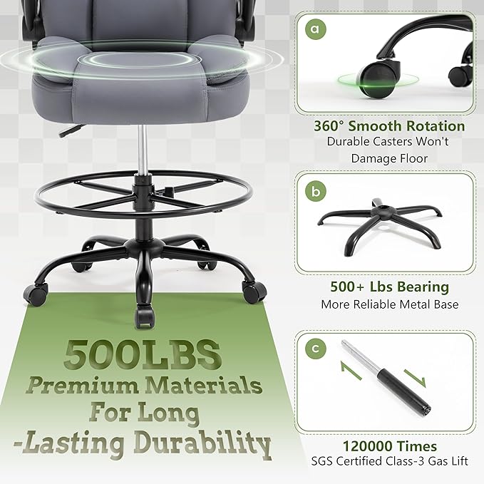 500LBS Drafting Chair, High Back Safer Standing Desk Chair, Executive Tall Office Chair with Flip-up Armrests, Upholstered PU Leather Task Chair, Ergonomic Seat with Adjustable Height&Foot Ring, Grey