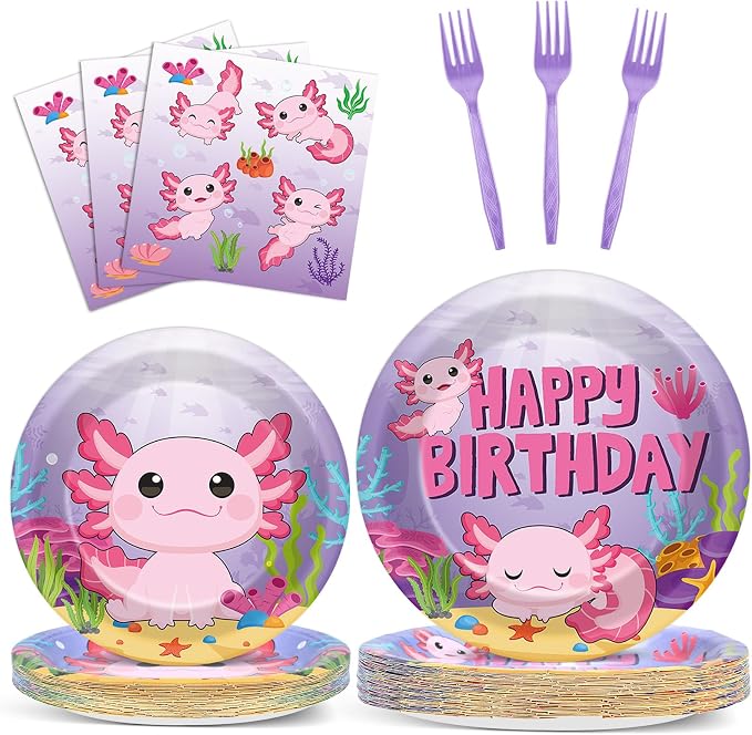100 Pcs Axolotl Birthday Party Supplies Pink Axolotl Disposable Paper Plates by Qyeahkj
