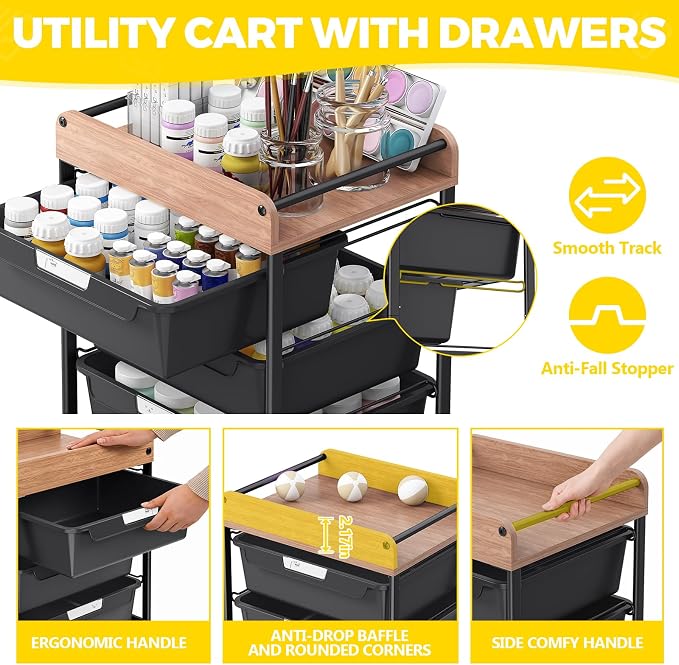 SYKIARIOL Utility Cart with 5 Labeling Drawers and Wooden Tabletop – Rolling - Image 3