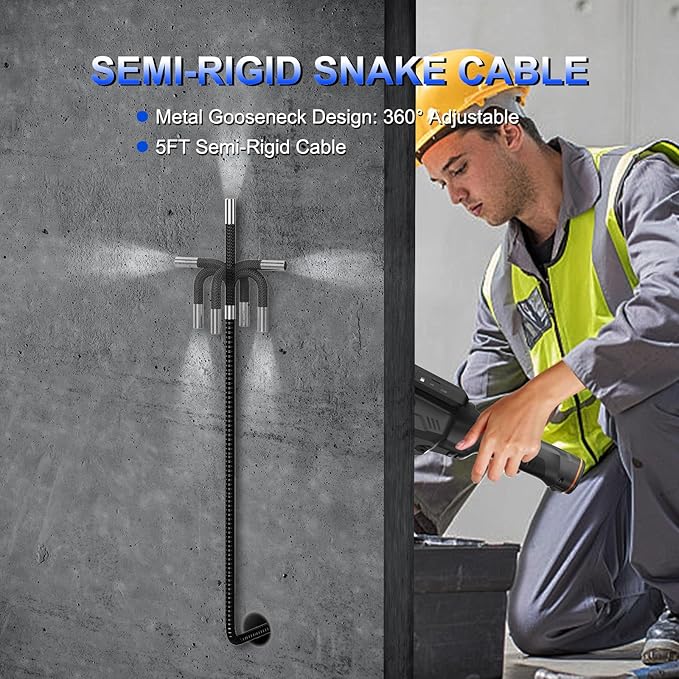 360 Articulating Borescope, 5" Monitor, 6.2mm Industrial Inspection Camera with 4-Way Joystick Articulation and 5.0FT Semi-Rigid Snake Tube, HD Endoscope for Automotive, Pipe & Equipment