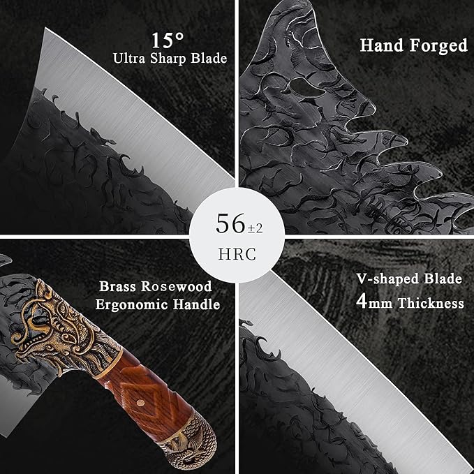ROCOCO Cleaver Knife Meat Cutting Heavy Duty Bone Butcher Chopper Large Hand Forged Chinese Dragon Viking Cutter for Kitchen Outdoor with Sheath Birthday Father Mother Christmas Gift Men 8.6"