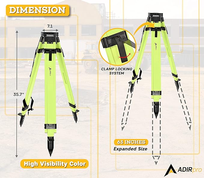 AdirPro Universal Survey Tripod – Laser Level Tripod – Transit Level Tripod - Quick Clamp - Heavy Duty Contractor Tripod 5/8” x 11” Thread (Green Aluminum)