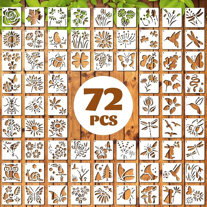 72 Pcs Botanical Stencils Set, Reusable Butterfly & Flower Painting Templates by Yazhiji