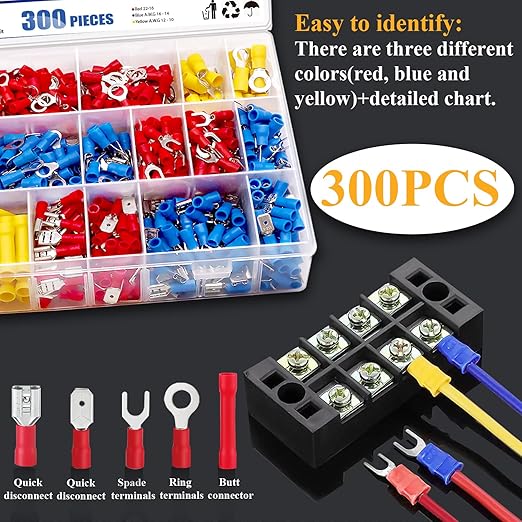 Tnisesm 301Pcs Insulated Wire Electrical Connectors Assortment Kit with Ring, Spade, Butt, Quick Disconnect, Crimp Automotive Cable Terminals
