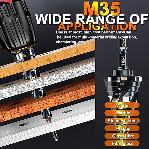Four Spiral Flute Step Drill Bit for Metal,M35 Cobalt Unibit Step Drill Bit Set 3/16" - 7/8"(12 Sizes),Wear-Resistant AlTiN Coated,1/4" Hex Shank for Metal, Stainless Steel, Aluminum, Plastic