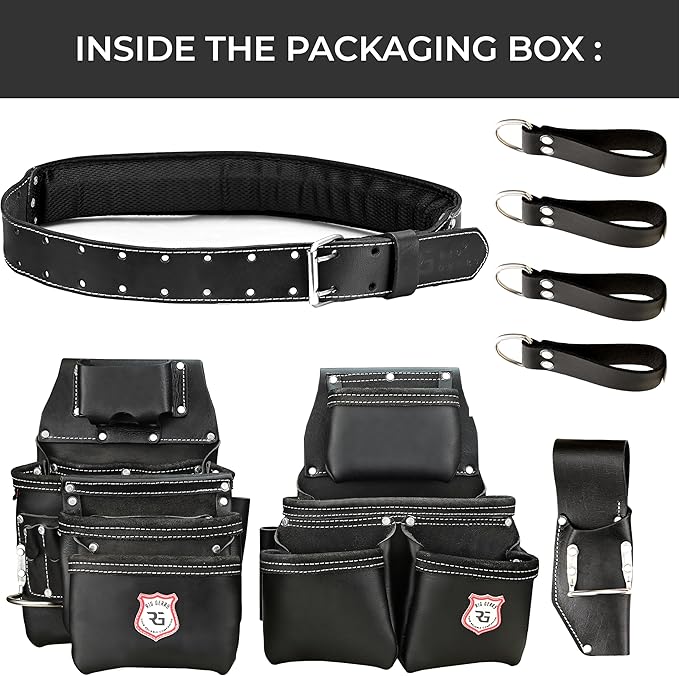 Leather Tool Belt with Adjustable Hook - Premium Heavy Duty Tool Belts for Men with 22 Multi-Purpose Pocket Tool Pouch (Black, Standard), RG-004