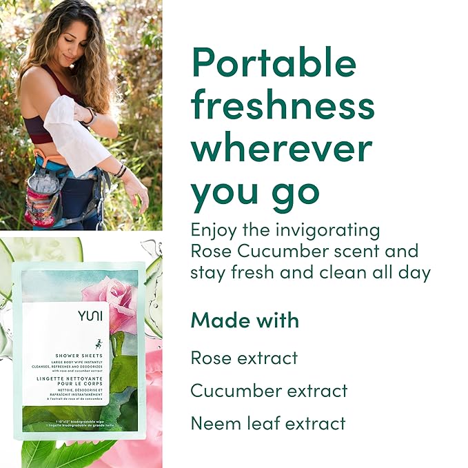 YUNI Beauty Large Body Wipes (Rose Cucumber, 12 Count) Soft Moist Showerless Wipes, Cleanse & Deodorize Waterless Travel Body Cleanser, Biodegradable Individually Wrapped Body Wipes for Camping or Gym