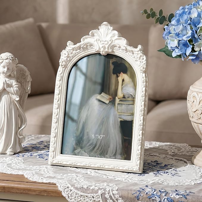 Cuspin 5x7 Picture Frame White Arched Frames, Vintage Ornate Resin Photo Frame - Image 2
