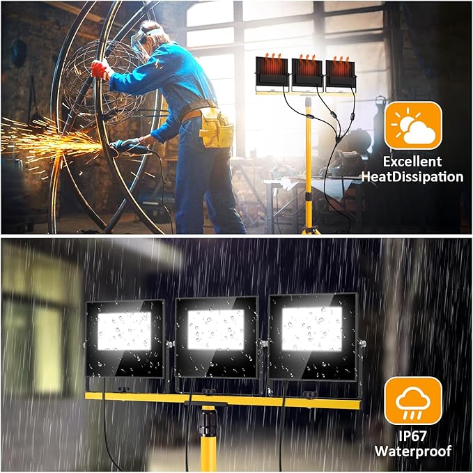 36000Lumen LED Work Lights with Stand - 3 Head Foldable Stand Work Light with 16FT Cord - IP67 Waterproof Tripod Lights for Outdoor Indoor Job Site Workshop Garage Construction Site Lighting