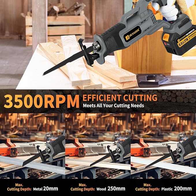 Brushless Reciprocating Saw, 21V Cordless saw saw with 2 x 6.0Ah battery, Electric Portable Sierra Recíproca with 12 Blades & LED Light, 0-3500 SPM Professional Sawsall for Wood, Metal, PVC