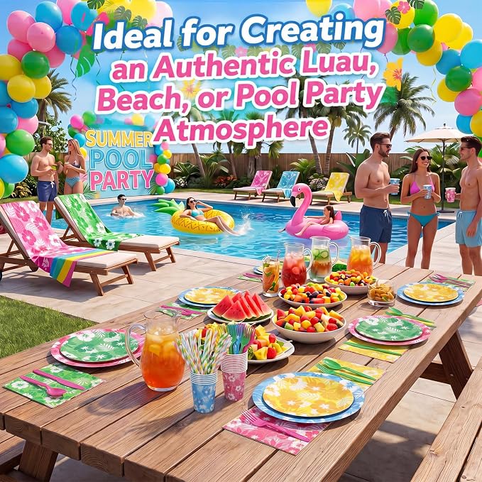 450 Pcs Hawaiian Luau Tableware Set Decorations Aloha Tropical Hibiscus Palm - Image 5