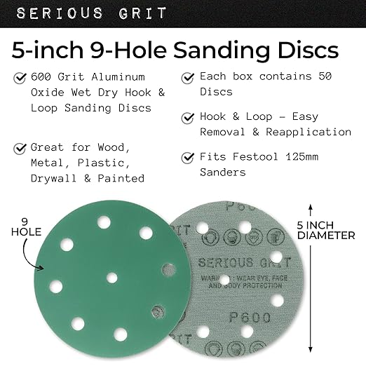 5-Inch 9-Hole 600 Grit Sanding Discs - Heavy-Duty Hook & Loop Film Discs - Sandpaper for Random Orbital Sanders - 50 Pack Box