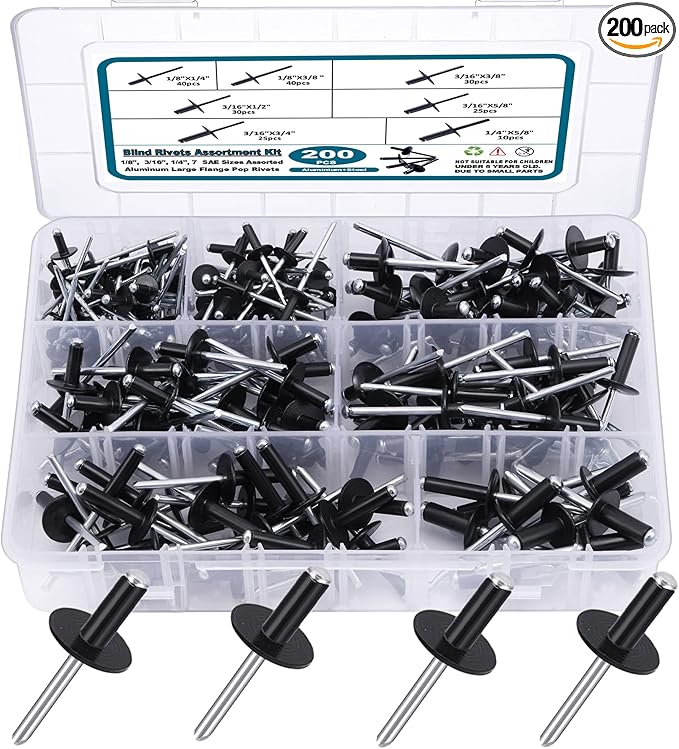 200PCS Black Rivets Pop Rivets Assortment Kit, Large flange Aluminum Rivets(1/8" 3/16" 1/4") Assorted Blind Rivets with Case