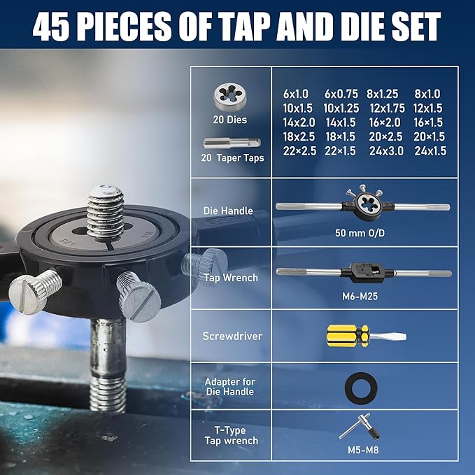 45 pcs Metric Tap and Die Set, Standard Tap Set and Die Tool Set for Threading and Rethreading Internal and External Threads, M6-M25 Thread Repair Kit