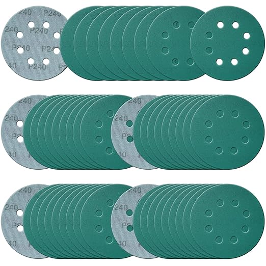 5 Inch 8 Hole Sanding Discs, 50 Pcs Wer Dry Sandpaper 240 Grit Hook and Loop Green Polyester Film Backed Sanding Disc for Random Orbital Sander Wood Car Metal Plastic (240 Grit, 50 Pack)