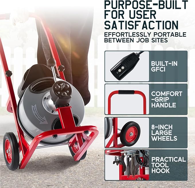 Albott 75 FT x 3/8 inch Electric Drain Cleaner Machine with Auto-Feed & 10 Cutters, Sewer Snake Auger for 1–4 Inch Pipes, Foot Switch & Wheels, Ideal for Commercial & Home Use, Gray/Red