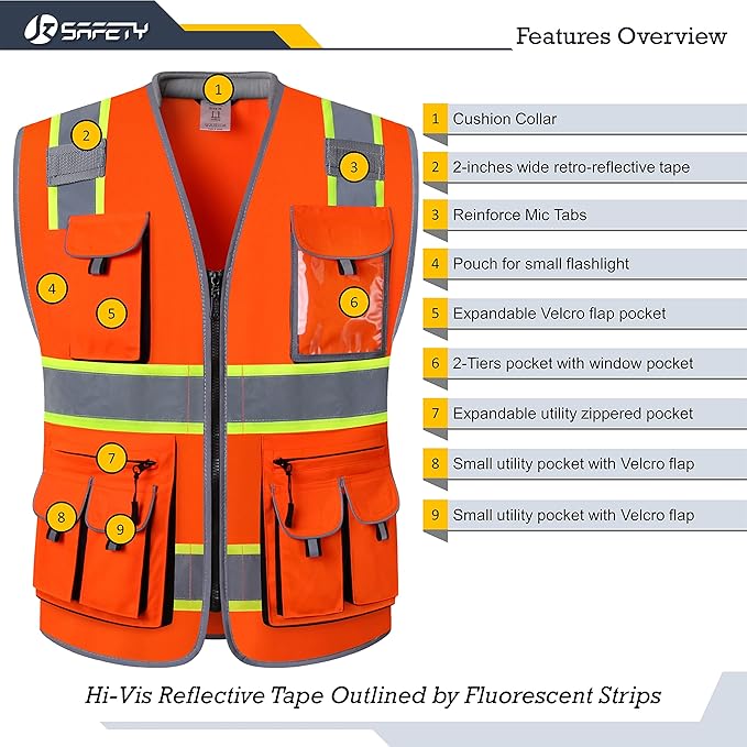 JKSafety 10 Pockets Class 2 Hi-Vis Zipper Front Safety Vest | Cushioned Collar | High Reflective Tapes with Extended Neon Yellow Strips | Meets ANSI/ISEA Standards (4X-Large, 89-Orange)