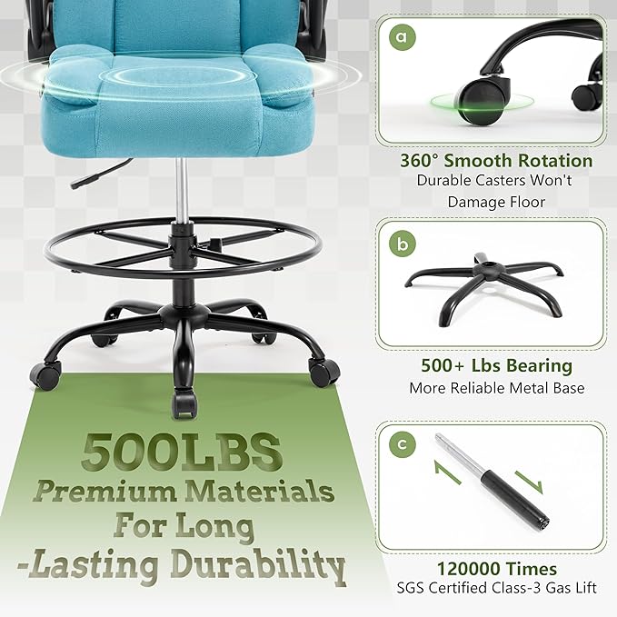 500LBS Drafting Chair, High Back Safer Standing Desk Chair, Executive Tall Office Chair with Flip-up Armrests, Upholstered Fabric Task Chair, Ergonomic Seat with Adjustable Height&Foot Ring, Blue