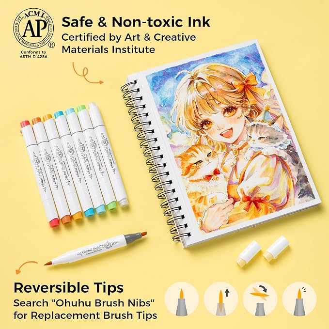 Ohuhu Alcohol Markers 48 Colors Brush& Soft Chisel AP Certified Refillable | - Image 6