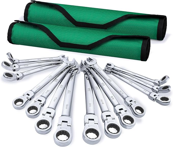 SK Flex-Head Ratcheting Wrench Set, Combination Wrench Set, 14-Piece, SAE 3/8" to 3/4", Metric 10 to 19mm, 72-Tooth, Premium CR-V Construction, with Rolling Pouch