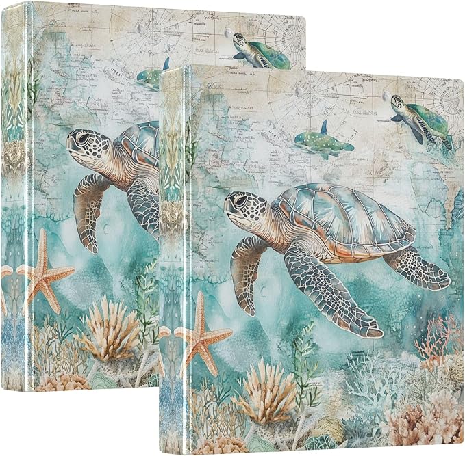 Sea Turtle Shell Starfish Coral Round Ring Binders 1.5 Inch Whale Nautical by Wamika