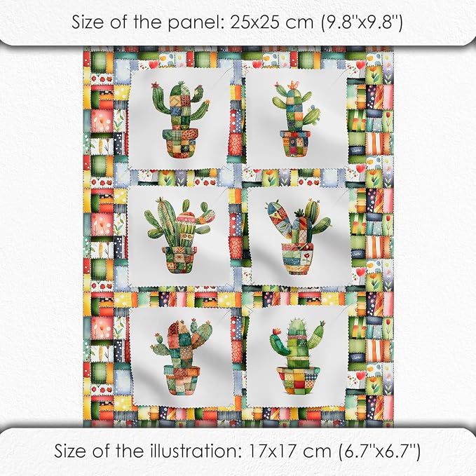 Patchwork Cactus Cotton Fabric Panel – Six 10×10 inch Designs + Bonus 29.5×19.6 - Image 6