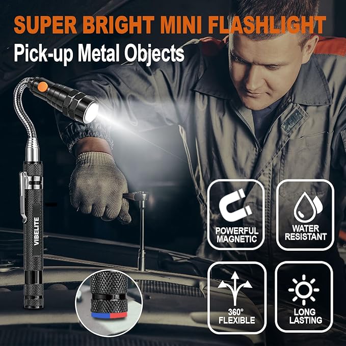 Telescoping Magnetic Pick Up Tool Magnetic Sweepers with 1 lb and 15 lb Pickup Rod, Round and Square 360 Swivel Adjustable Inspection Mirror and Flexible LED Flashlight, Birthday Gifts for Men, Dad