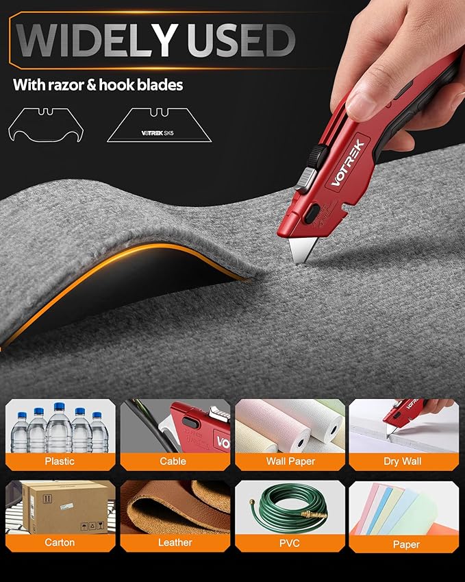 Box Cutter Utility Knife, [2-in-1] Retractable Box Cutter, Heavy Duty Safety Sharp Razor Knife for Home & Warehouse Cardboard, Carpet, [Blade Storage], with Extra Razor & Hook Blades (Red)