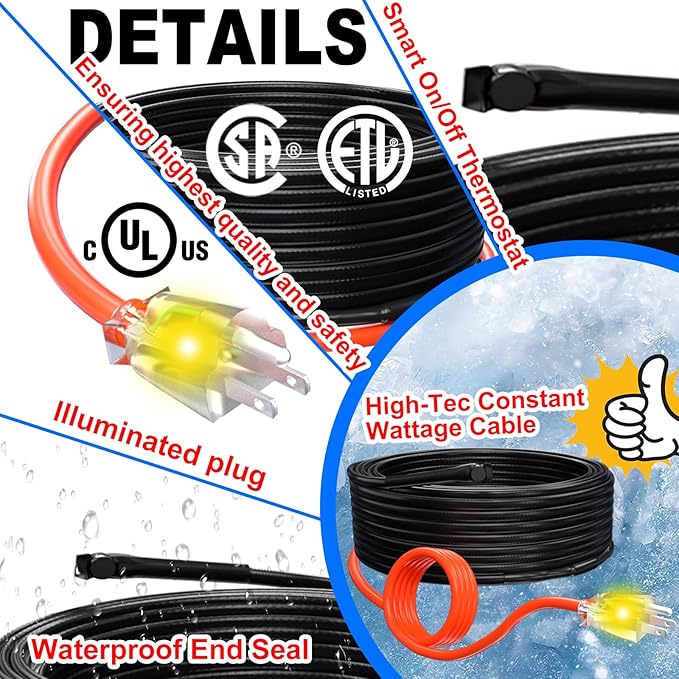 HEATIT Pipe Heating Cable - Reliable Freeze Prevention, Easy DIY Install, Durable Design for Water Pipes CSA & ETL Certified, Energy-Efficient Water Pipe Heat Cable HISD 9ft, 7w/ft, 120V