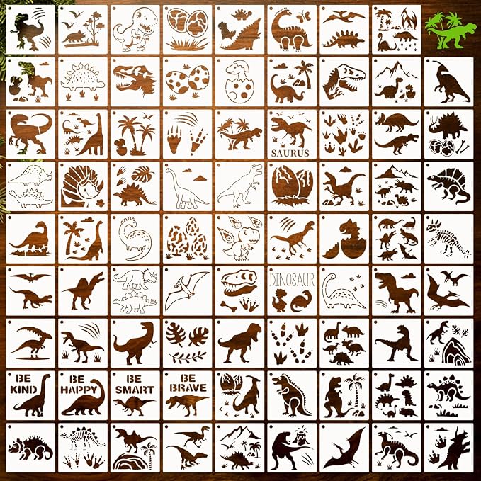 80 Pcs 3 x 3 Inch Stencils for Painting on Wood, Reusable Dinosaur Animal by DZXCYZ