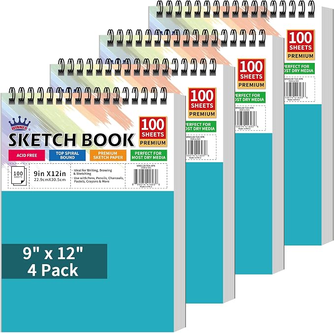 WINNER 9" x 12" Sketch Book 4 Pack, 400 Sheets Spiral Bound Art Sketchbook by WINNER