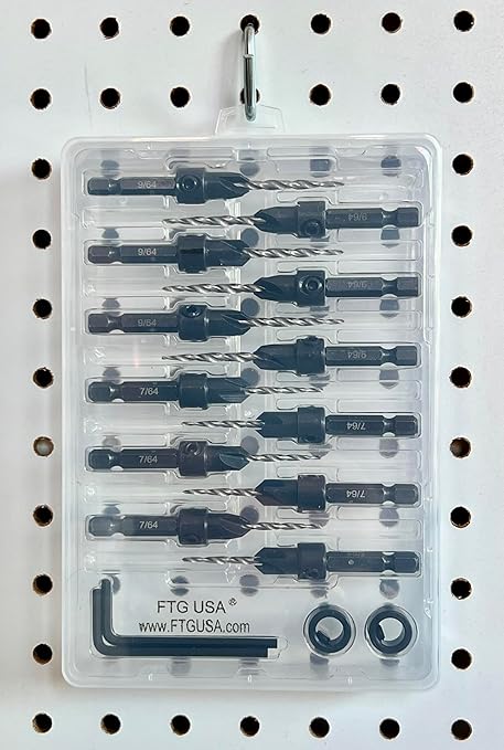 FTG USA Countersink Drill Bit Set 6 Pc #4 (7/64"), 6 Pc #6 (9/64") Tapered Countersink Bit, Stop Collar, Hex Wrench, Woodworking Countersink Drill Bits