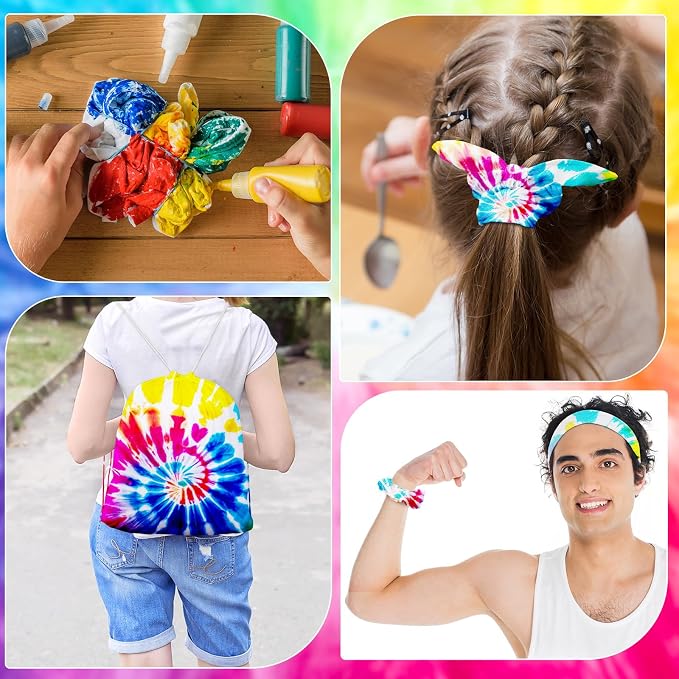 Abbylike 96pcs Tie Dye Party Cotton Drawstring Backpacks Scrunchies Bow Hair - Image 6