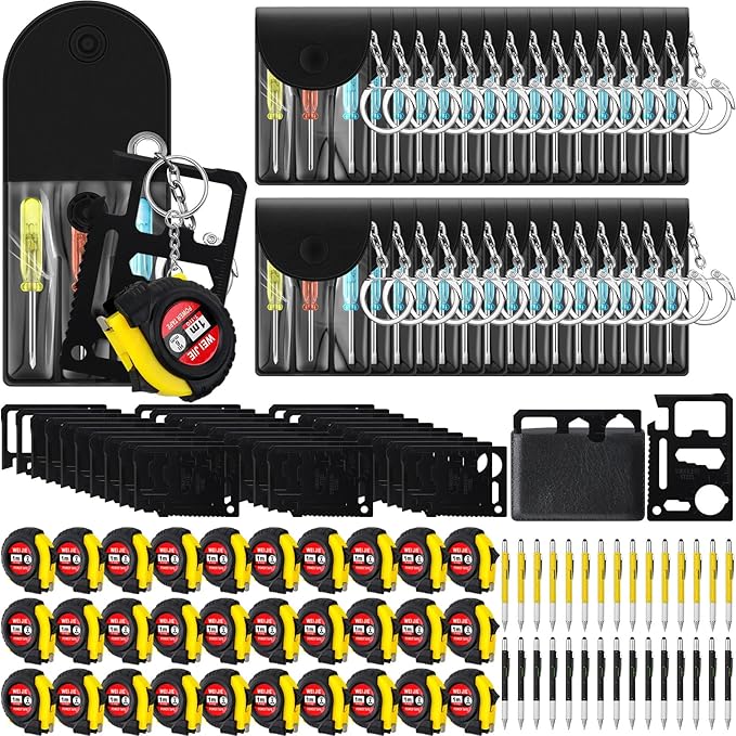 120 Pcs Mini Tape Screwdriver Keychain Set Christmas Men Gifts Bulk Adult Party Favors Multitool Pen Card Tool Measuring Keychains Stocking Christmas Stuffers for Men Dad (Yellow,Black)