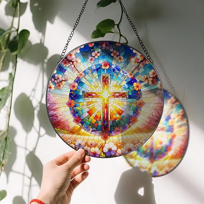 8 Inches Cross Stained Glass Suncatcher, Stained Glass Window Hanging, - Image 3