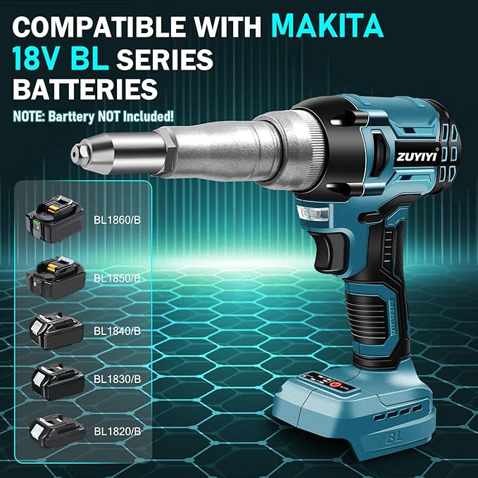 Cordless Rivet Gun Tool Compatible with Makita 18V Battery(No Battery), Electric Automatic Pop Rivet Gun, Brushless Blind Riveter Kit for 3/32", 1/8", 5/32", 3/16"