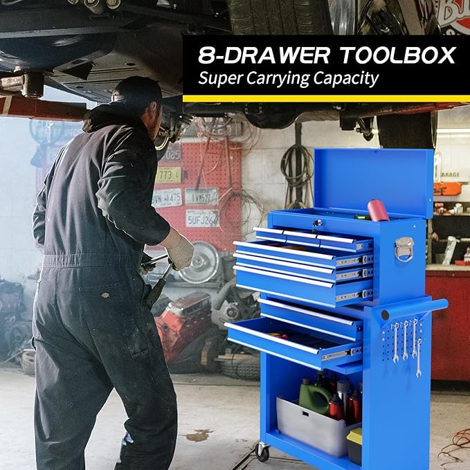 On Shine 8 Drawer Rolling Tool Chest, Large Capacity Rolling Tool Box with Wheels, Locking Mechanical Tool Chest, Portable Tool Box with Sliding Drawers,Metal Tool Box for Garage Workshop (Blue)