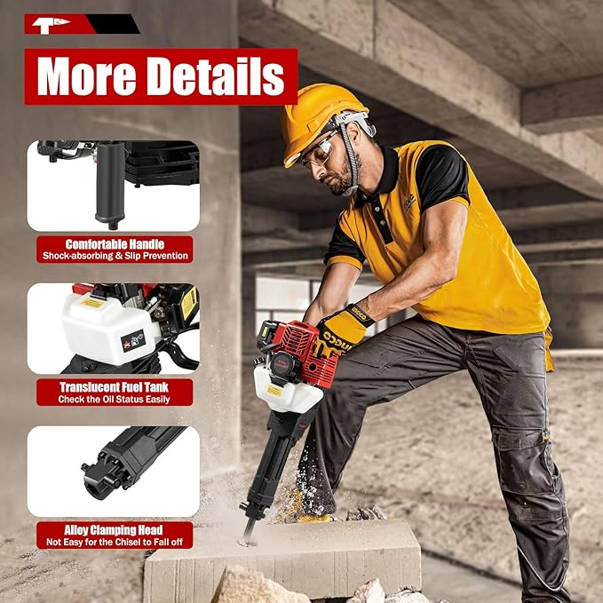 52CC 2 Stroke Demolition Jack Hammer, Gas Powered Concrete Breaker Punch Drill Jack Hammer, Heavy Duty Concrete Breaker for Trenching,Chipping,Breaking Holes